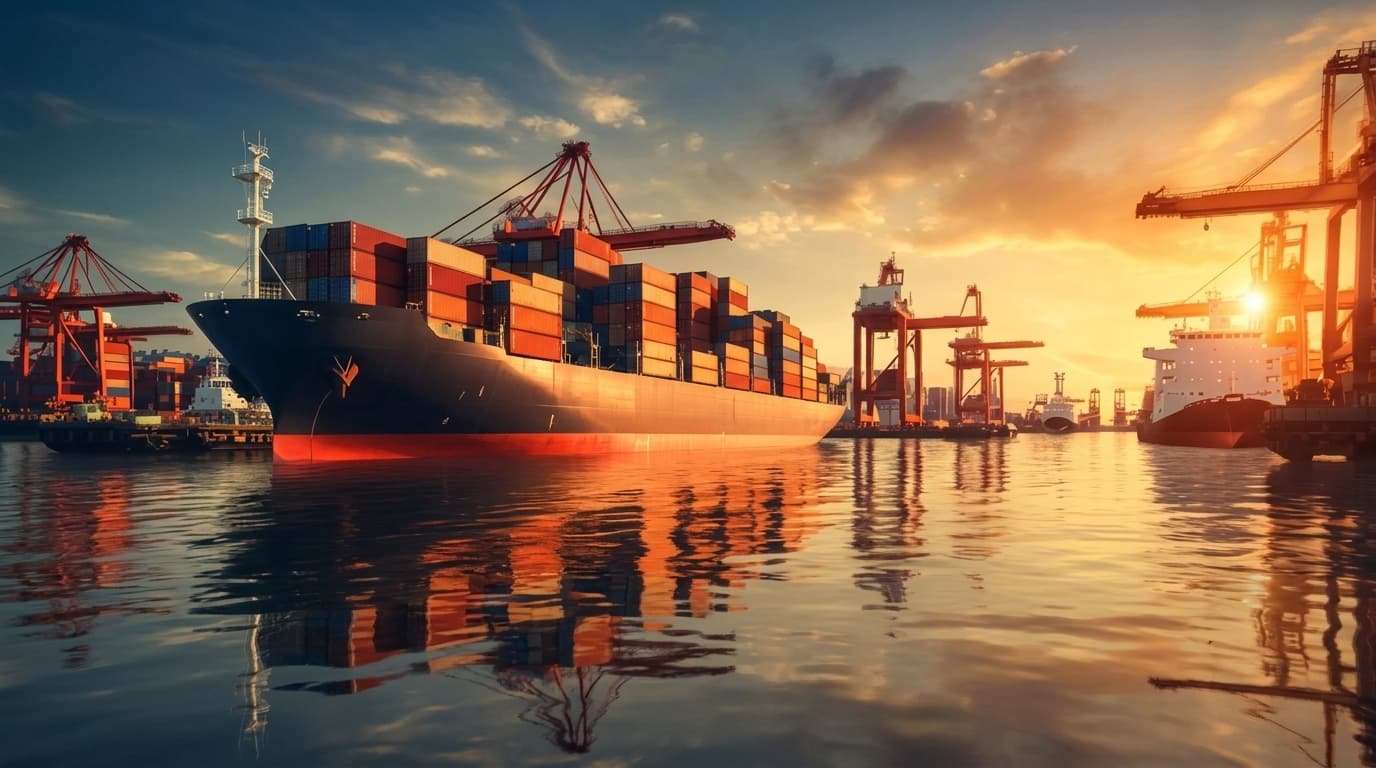 Commercial cargo container ship at deepwater port harbor during sunset